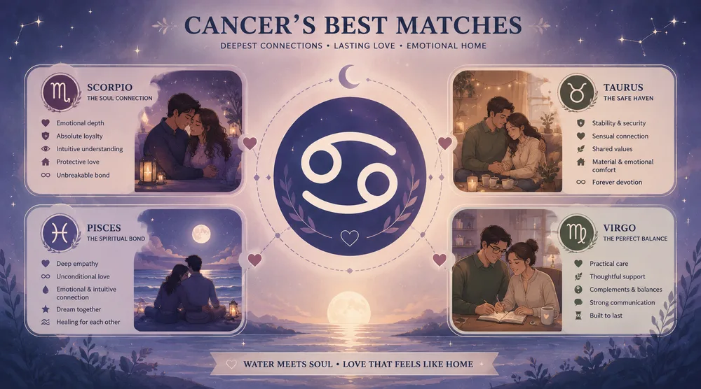 Cancer best zodiac matches Scorpio Taurus Pisces Virgo compatibility
