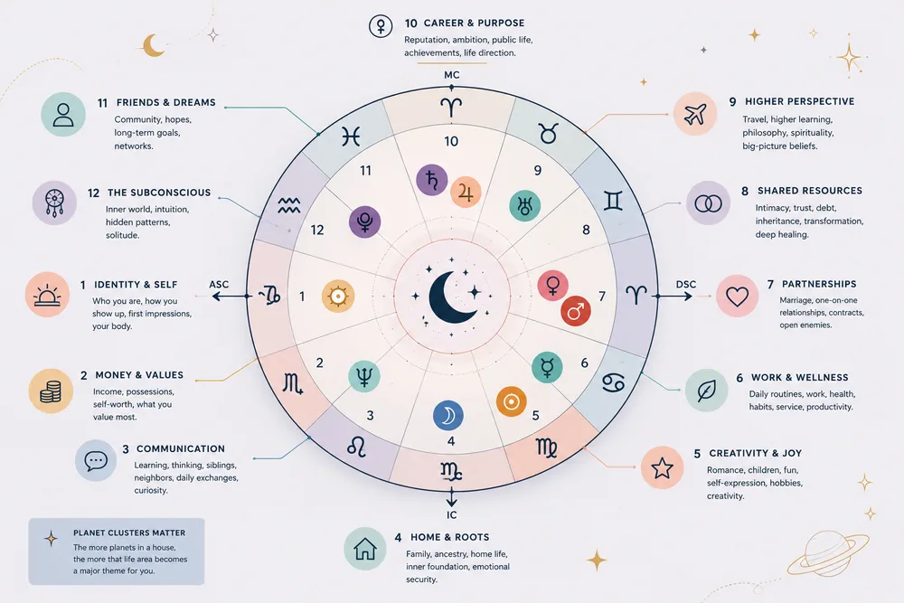 natal chart 12 houses diagram showing planet clusters and what each house governs