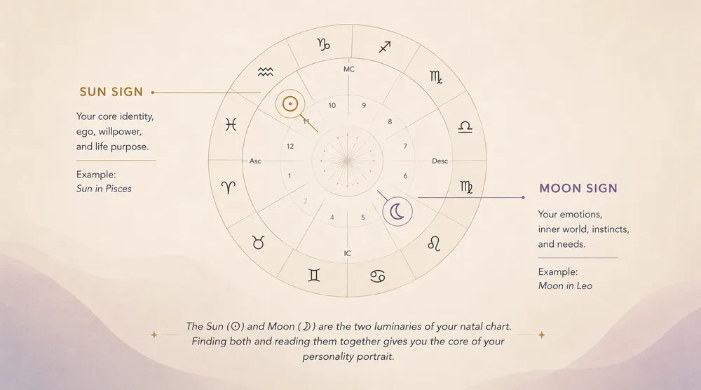 natal chart sun and moon sign positions shown on birth chart wheel for beginners
