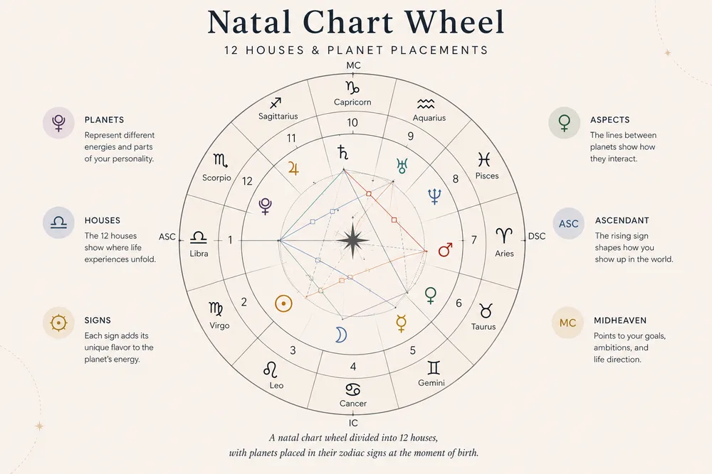 natal chart wheel diagram showing 12 houses and planet placements