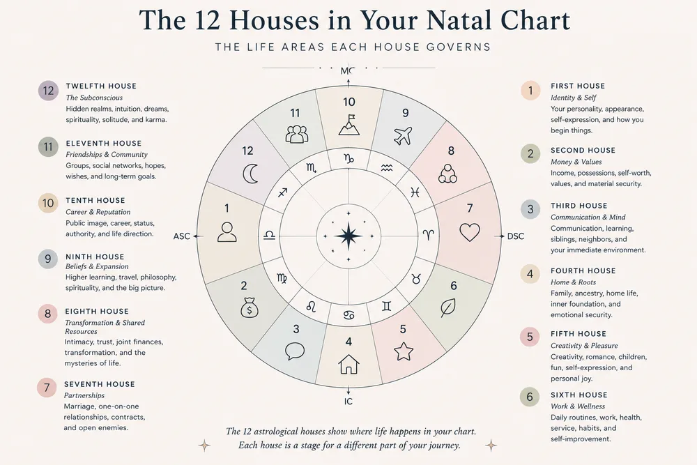 natal chart 12 houses diagram showing life areas governed by each house